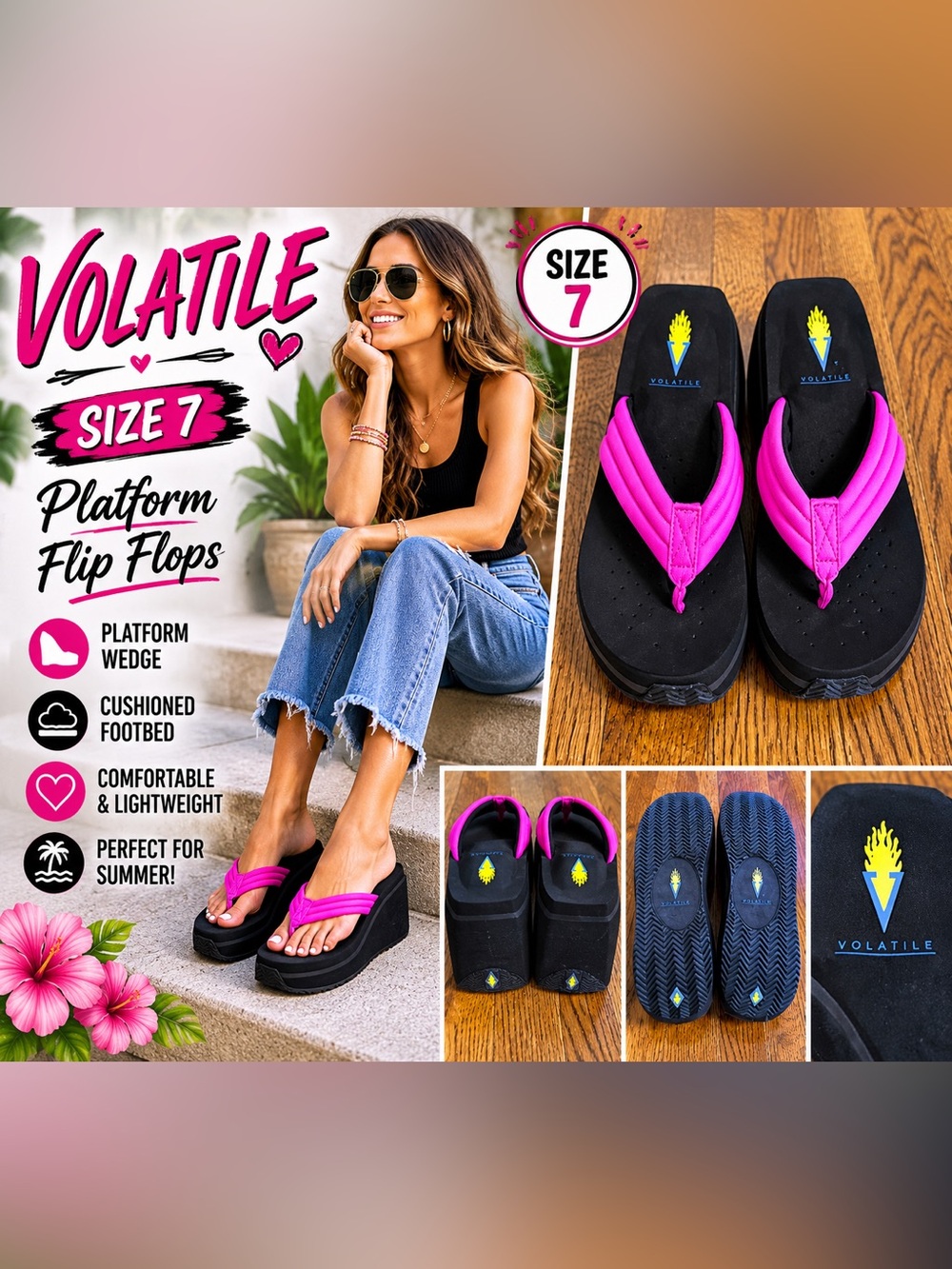 Volatile Black Platform Flip Flop Wedges with Bright Pink Straps